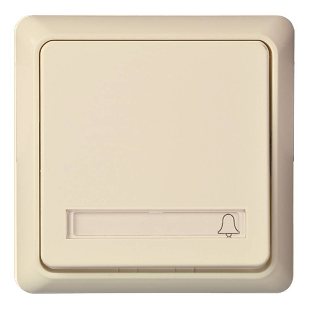 Eine beige Türklingel-Taste mit einem Glocken-Symbol in der unteren rechten Ecke.