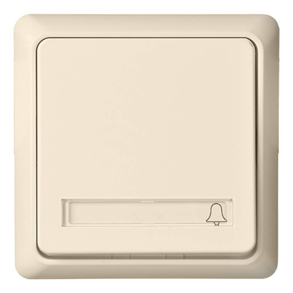 Eine beige Türklingel mit einem Glocken-Symbol in der unteren rechten Ecke, eingebettet in einen quadratischen Rahmen.
