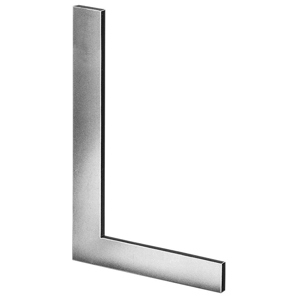 Ein metallisches L-förmiges Werkzeug, höchstwahrscheinlich ein Winkel oder Anschlagwinkel, das zum Messen von rechten Winkeln beim Holz- oder Metallarbeiten verwendet wird.