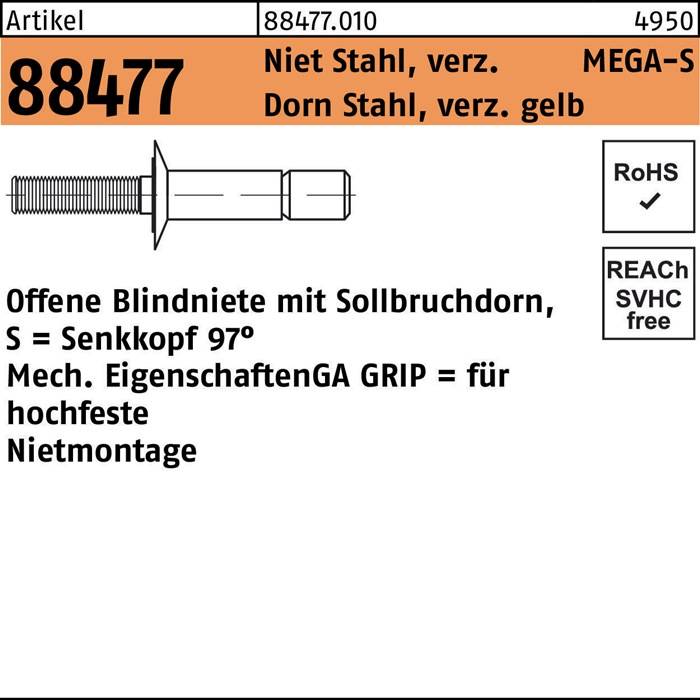 Blindniete R 88474 FLAKO 4,8x10,5 Niet Sta verz/Dorn Sta verz gelb 5000St GESIPA