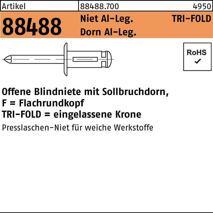 Blindniete R 88488 Flachrundkopf 4,8x22,2 Niet Alu/Dorn Alu 250St. GESIPA