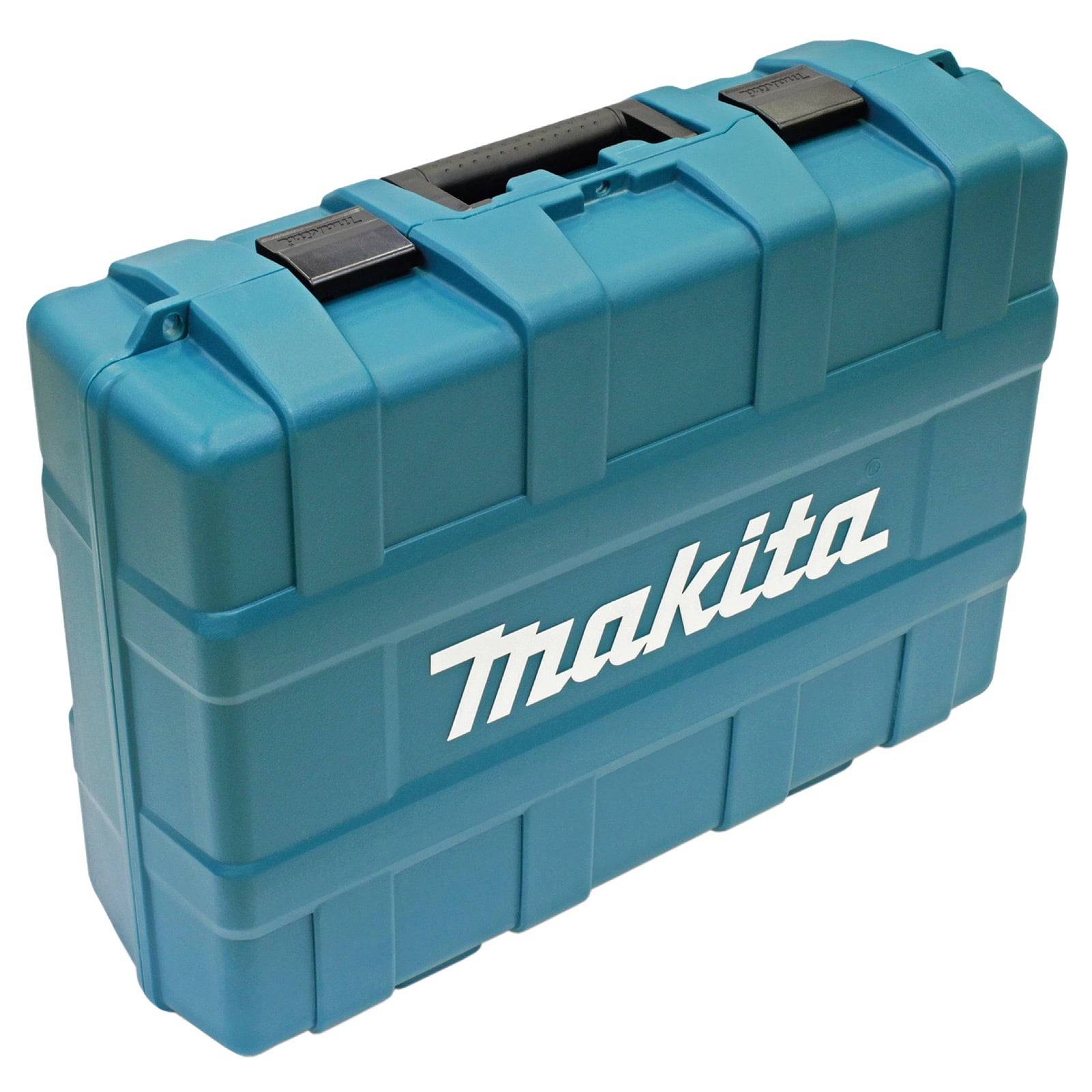 Ein blauer Makita-Werkzeugkoffer mit einem schwarzen Griff und Verschluss, auf dessen Seite das weiße Makita-Logo zu sehen ist.
