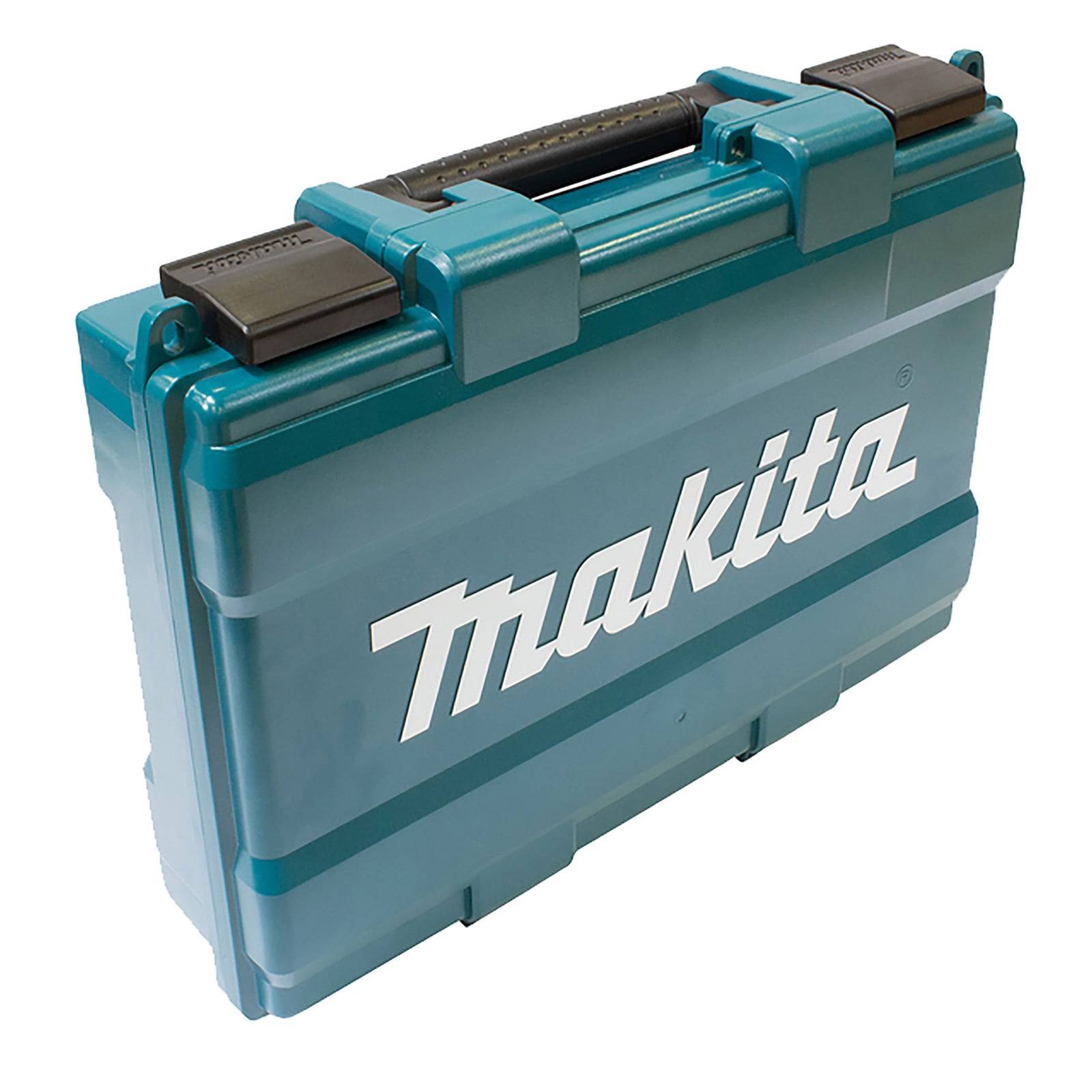 Ein blauer Makita-Werkzeugkoffer mit Griff, der üblicherweise zum Aufbewahren von Elektrowerkzeugen und Zubehör verwendet wird.