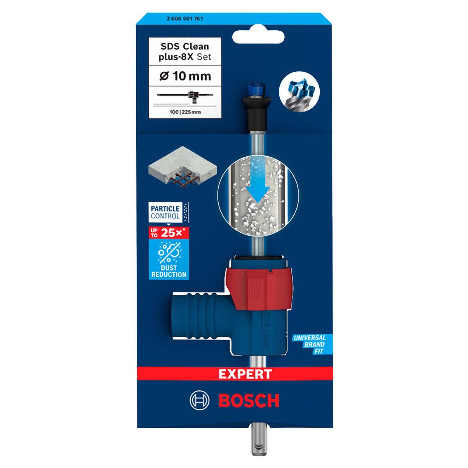 Bosch SDS Clean plus-8X Set, 10-mm-Bohrer zur Staubreduzierung. Blaue Verpackung zeigt Staubreduktion von bis zu 25% mit Partikelkontrolle.