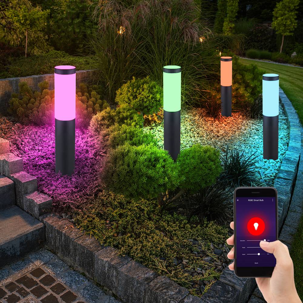 Außenleuchte dimmbar Smart Gartenlampe Sockelleuchte Farbwechsel, Edelstahl anthrazit, RGB LED 8,5W 806lm 2700-6500K, DxH 7,6 x 45 cm, 4er Set