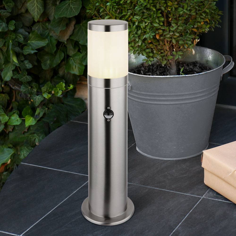 Sockelleuchte E27 Stehlampe Terrassen Außenleuchte Bewegungsmelder Wetterfest IP44, Edelstahl Kunststoff, 1x E27 Fassung, DxH 14x50 cm