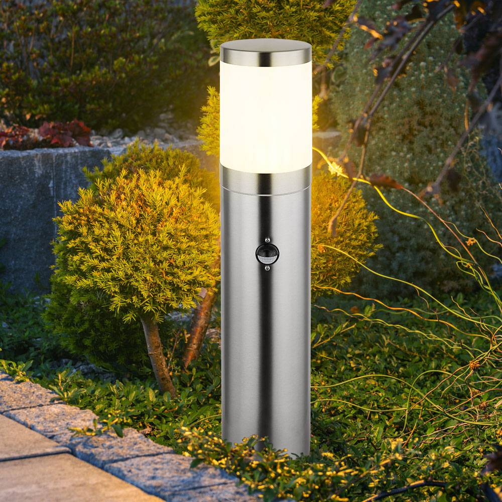 Sockelleuchte E27 Stehlampe Terrassen Außenleuchte Bewegungsmelder Wetterfest IP44, Edelstahl, dimmbar Fernbedienung, 1x RGB LED 8,5W 806Lm, DxH