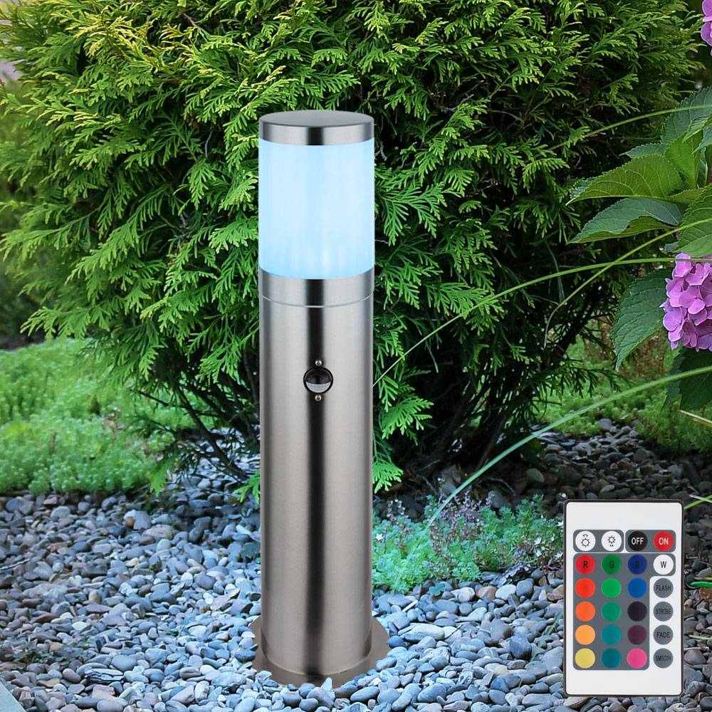 Sockelleuchte E27 Stehlampe Terrassen Außenleuchte Bewegungsmelder Wetterfest IP44, Edelstahl, dimmbar Fernbedienung, 1x RGB LED 8,5W 806Lm, DxH