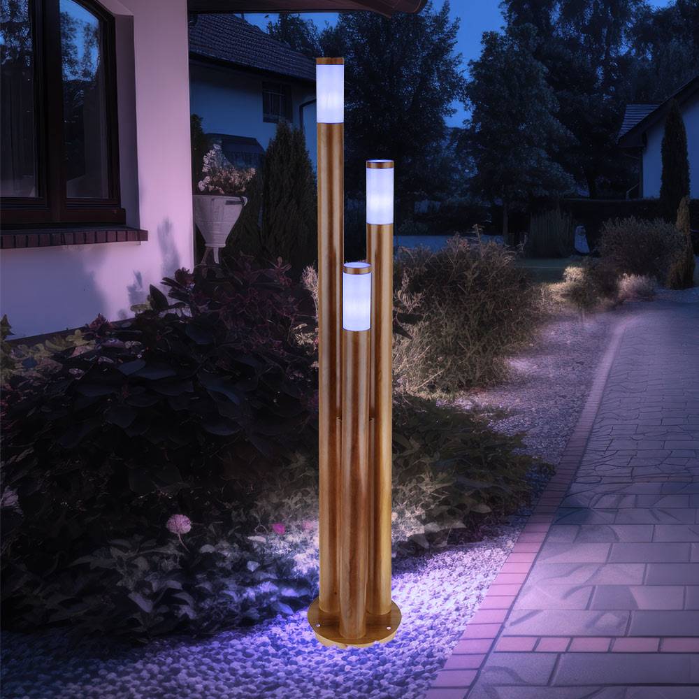 Wegeleuchten Außen Edelstahl Außenlampe Standleuchte Gartenleuchte Holzoptik, Edelstahl, dimmbar Fernbedienung, 3x RGB LED 8,5W 806Lm, DxH 28 x 170