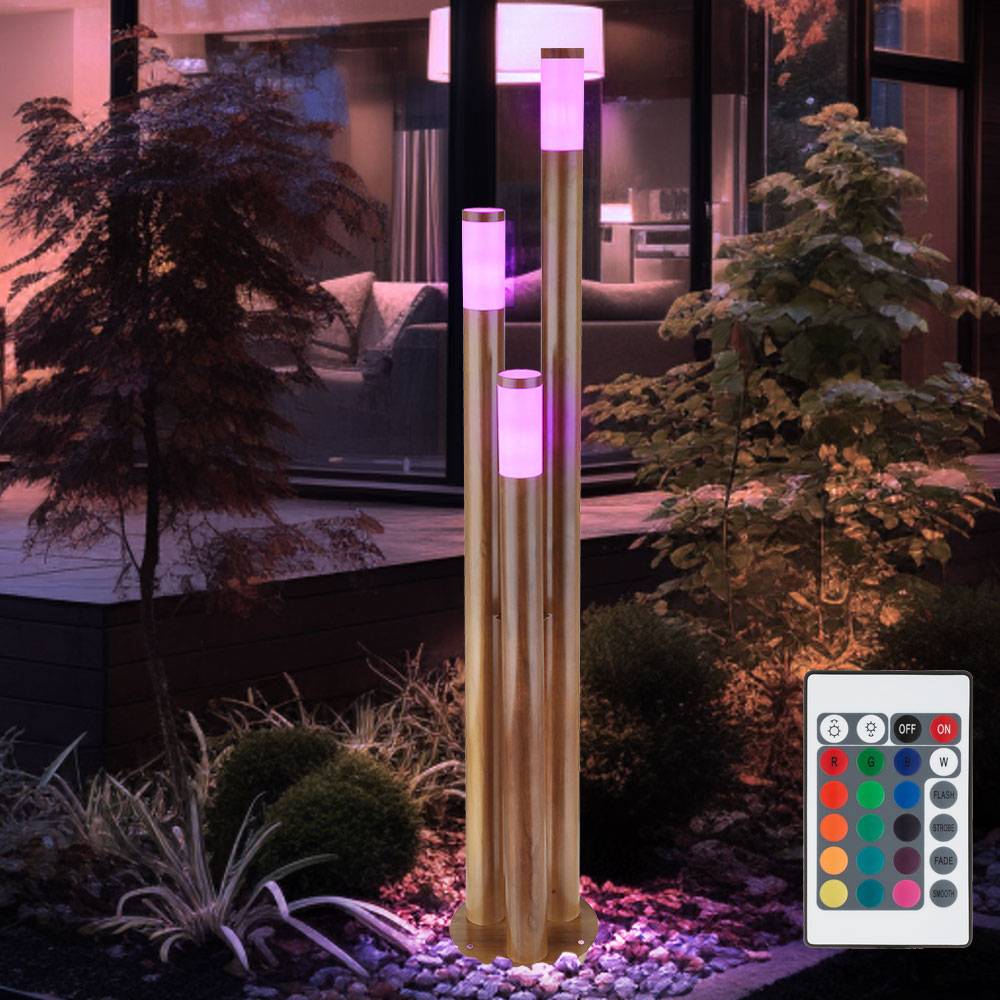 Wegeleuchten Außen Edelstahl Außenlampe Standleuchte Gartenleuchte Holzoptik, Edelstahl, dimmbar Fernbedienung, 3x RGB LED 8,5W 806Lm, DxH 28 x 170