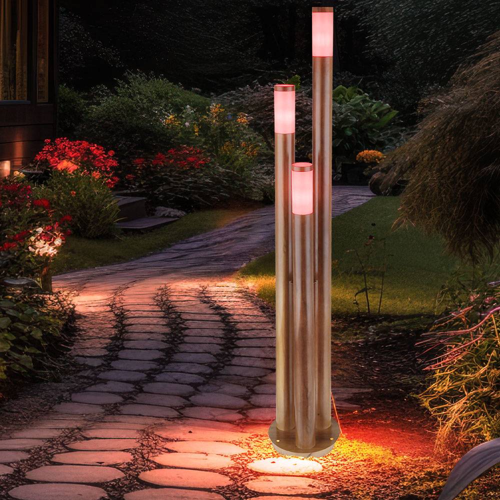 Wegeleuchten Außen Edelstahl Außenlampe Standleuchte Gartenleuchte Holzoptik, Edelstahl, dimmbar Fernbedienung, 3x RGB LED 8,5W 806Lm, DxH 28 x 170
