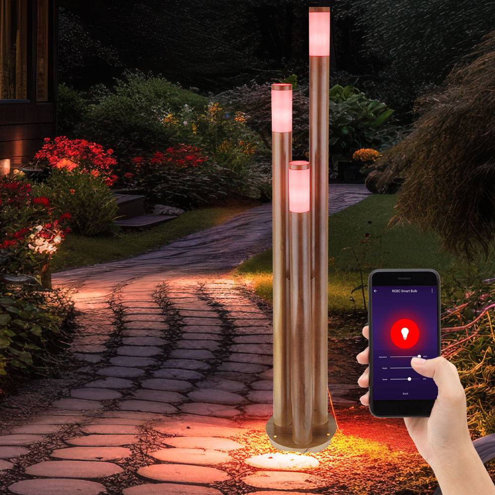Wegeleuchten Außen Edelstahl Außenlampe Standleuchte Gartenleuchte Holzoptik, Edelstahl, App-Steuerung, 3x Smart RGB LED 10W 806Lm, DxH 28 x 170 cm