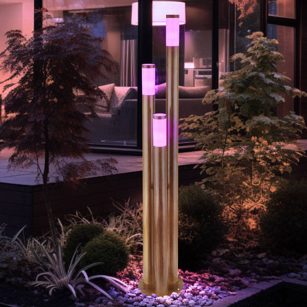 Wegeleuchten Außen Edelstahl Außenlampe Standleuchte Gartenleuchte Holzoptik, Edelstahl, App-Steuerung, 3x Smart RGB LED 10W 806Lm, DxH 28 x 170 cm