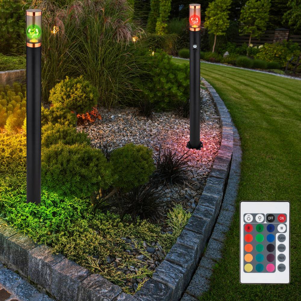 Standleuchte dimmbar mit Fernbedienung LED Stehleuchte Außen mit Bewegungsmelder Garten Edelstahl rauch kupfer schwarz, RGB Farbwechsel, 8,5W 806lm