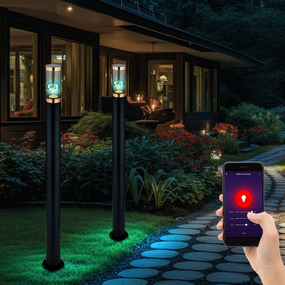 LED Stehleuchte Pollerleuchte Wegeleuchte dimmbar Gartenlampen schwarz, App-Steuerung, Edelstahl Kupfer, 10W 806Lm, DxH 12,7x110cm, 2er Set