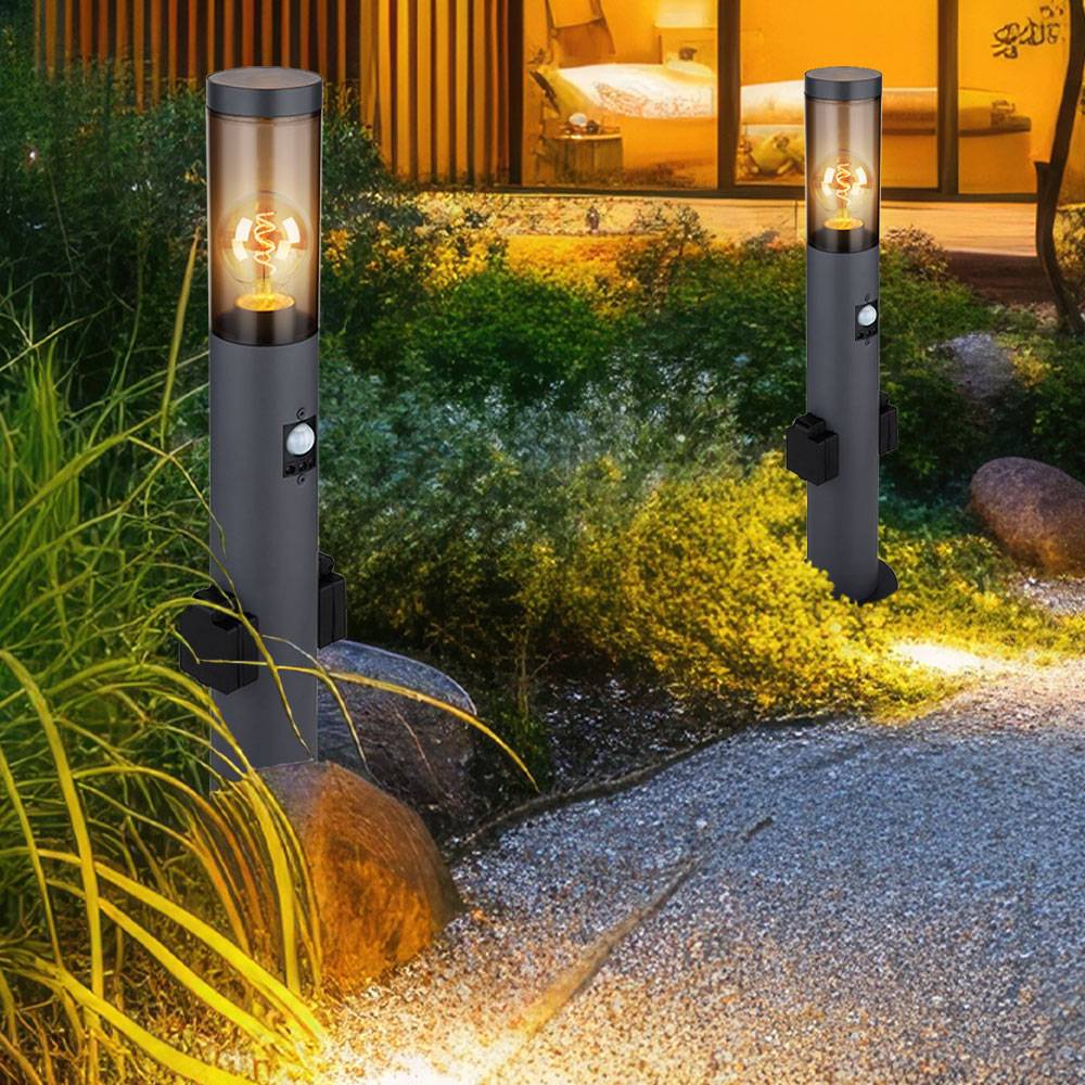 Sockelleuchte mit Bewegungsmelder Außenleuchte mit Steckdosen Stehlampe Außen, dimmbar App-Steuerung, 1x Smart RGB LED 10W 806Lm, DxH 7,6x60 cm