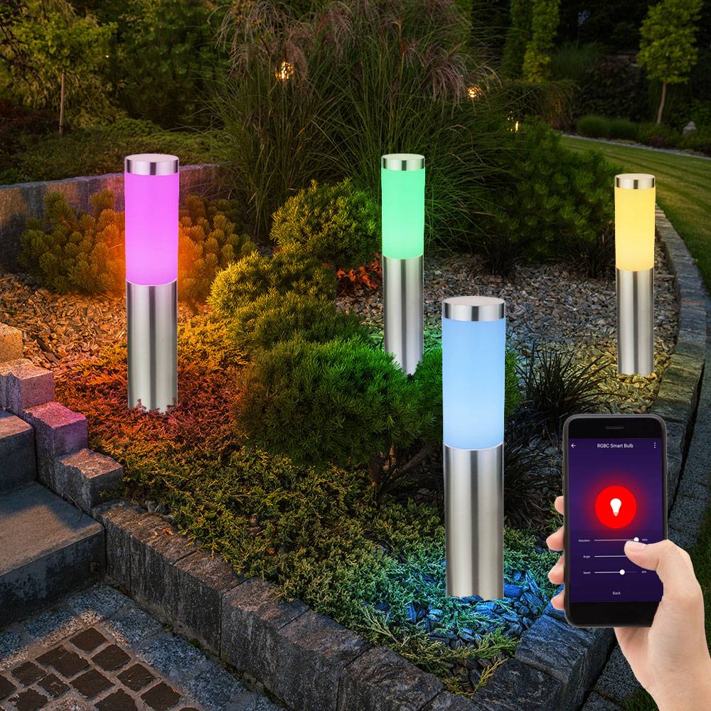 Smart LED Außenlampe silber Sockelleuchte dimmbar Garten Stehlampe Wegeleuchte Säulenlampe Edelstahl, RGB LED, warmweiß-kaltweiß, DxH 7,6x45 cm,