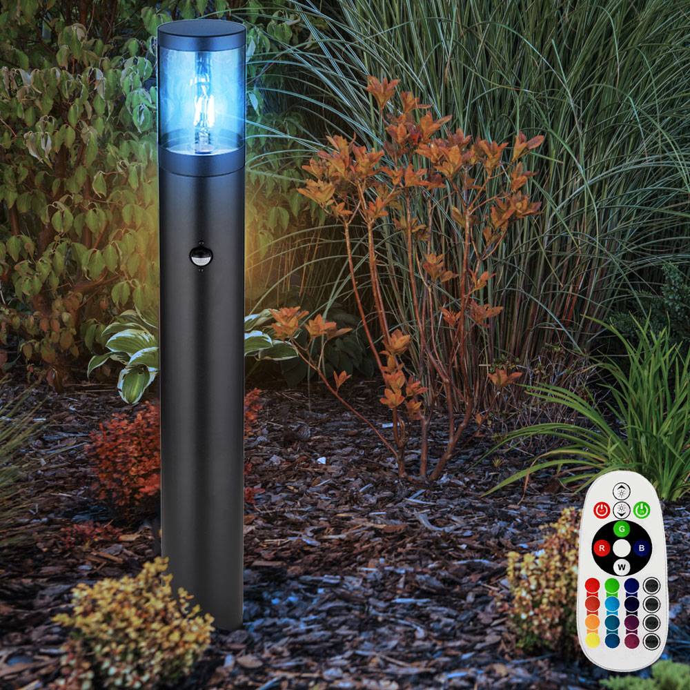 Wegeleuchte mit Bewegungsmelder Garten Standleuchte Stehlampe Sensor, dimmbar Fernbedienung, Edelstahl schwarz rauch, RGB LED 8,5W 806Lm, DxH 14x80