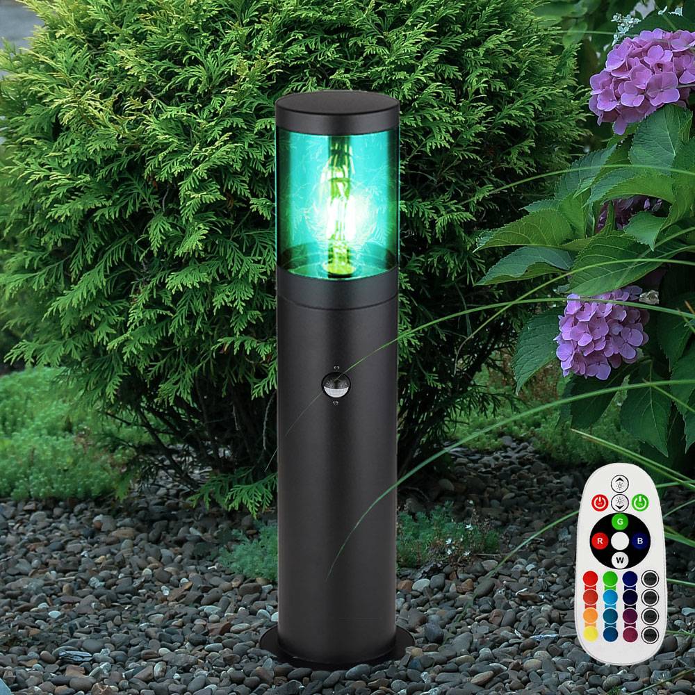LED Sockelleuchte dimmbar mit Fernbedienung Außen Stehlampe mit Bewegungsmelder Außenleuchte Edelstahl, RGB Farbwechsel, schwarz rauchfarben, 1x 8,5