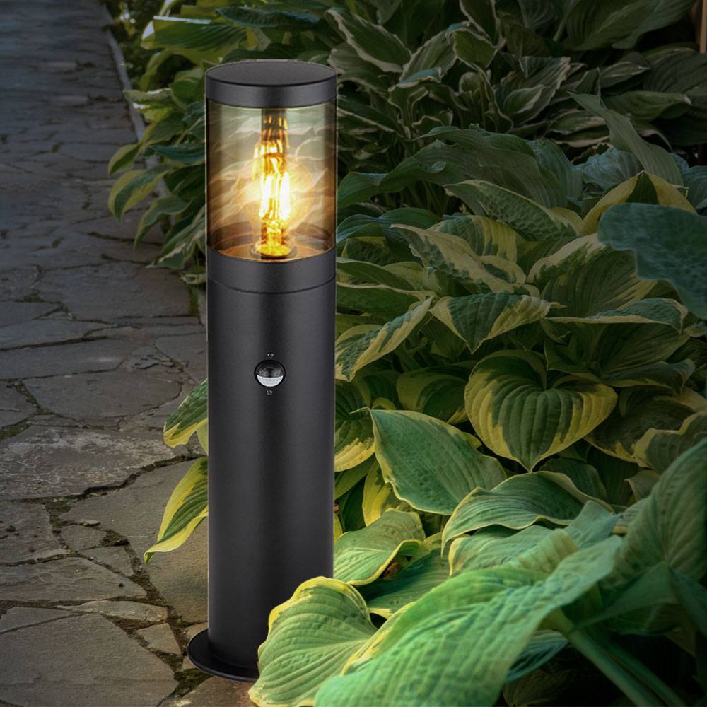 Sockelleuchte Außen Stehlampe Bewegungsmelder Außenleuchte Edelstahl, Bewegungssensor Spritzwasserfest Garten, schwarz rauchfarben, 1x E27 Fassung