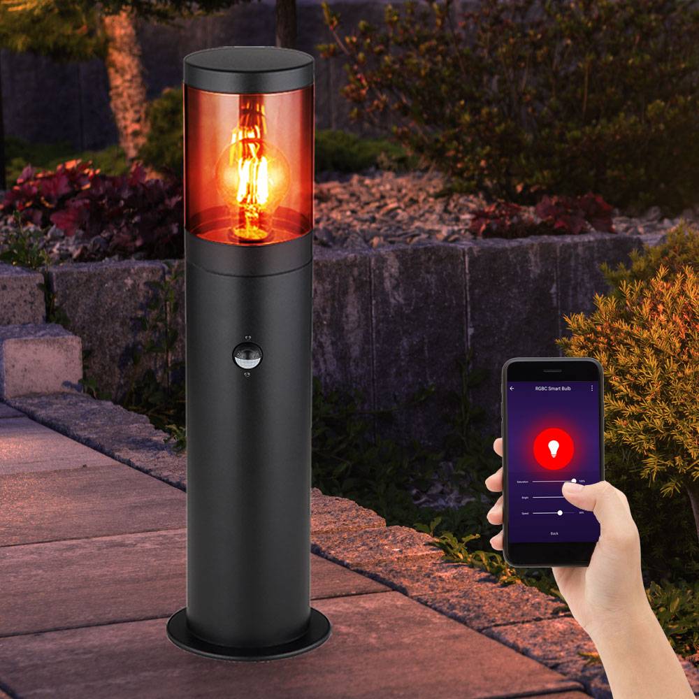 Smart LED Sockelleuchte Außen Stehlampe mit Bewegungsmelder Außenleuchte Edelstahl, App- und Sprachsteuerung, RGB Farbwechsel, schwarz rauchfarben