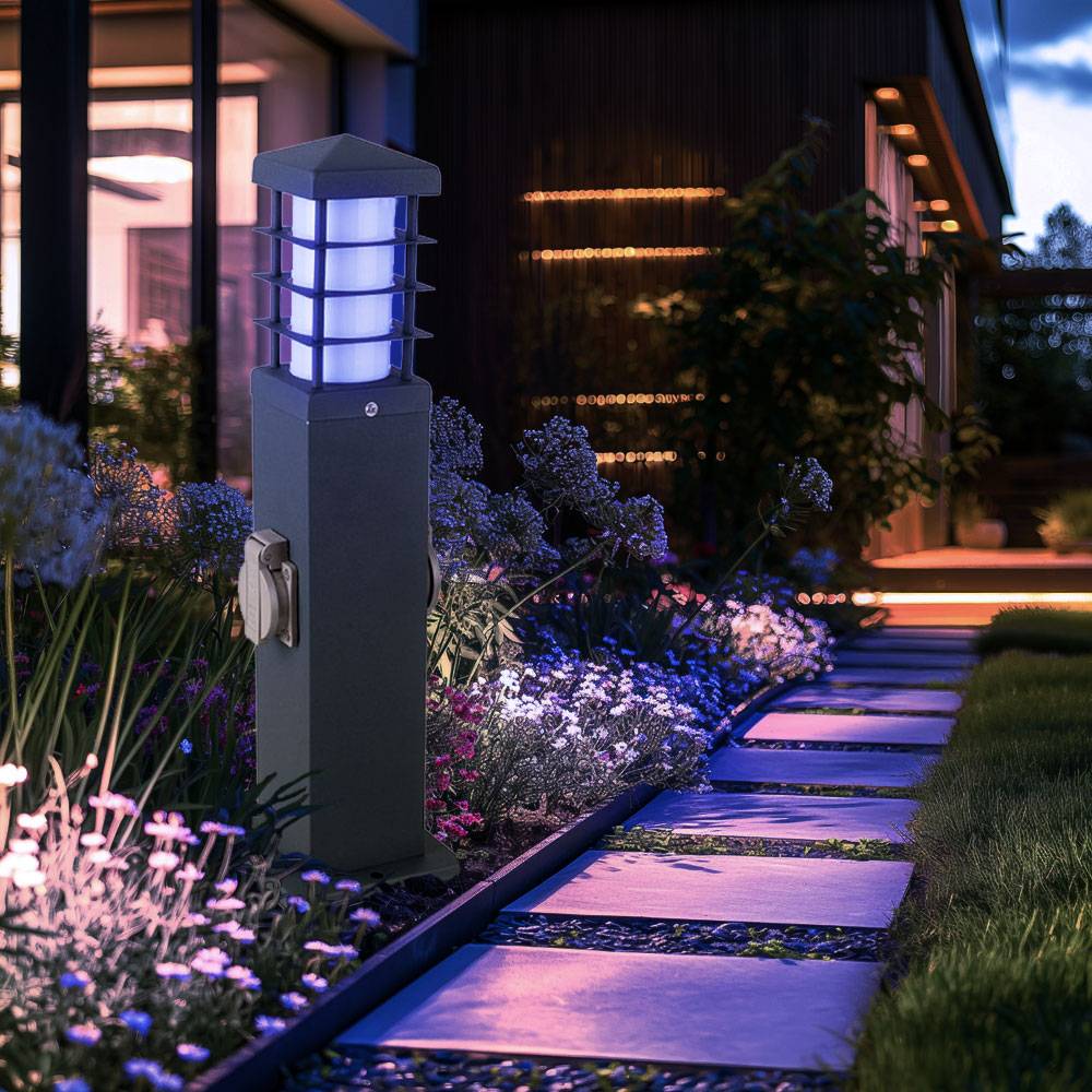 LED Außenleuchte dimmbar mit Fernbedienung Stehlampe Standleuchte Garten Edelstahl Steckdosen Sockelleuchte anthrazit, RGB Farbwechsel, 4,8W 470Lm