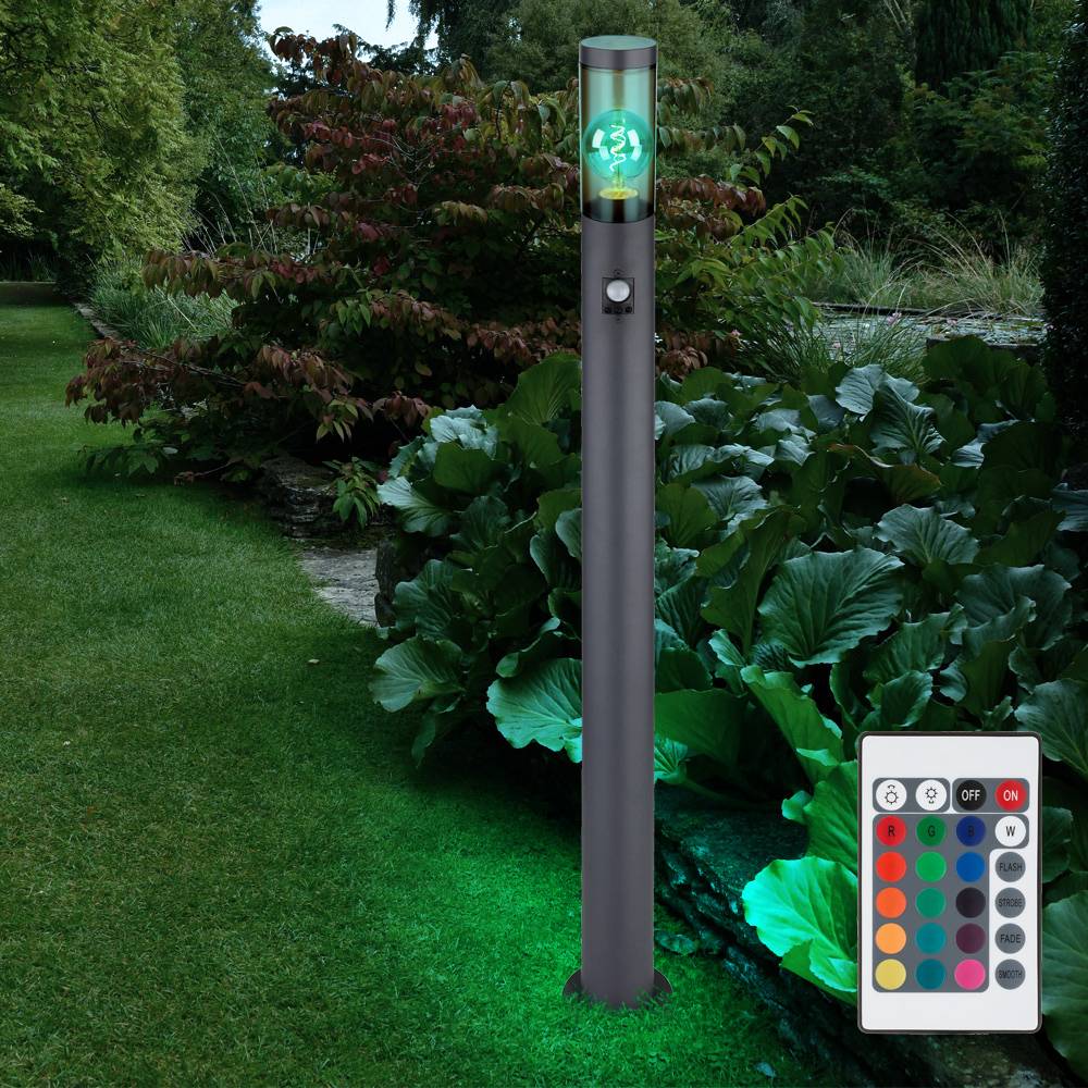LED Wegeleuchte mit Bewegungsmelder Außenstehlampe dimmbar mit Fernbedienung Pollerleuchte außen Gartenlampen anthrazit , RGB Farbwechsel, rauch 8,5