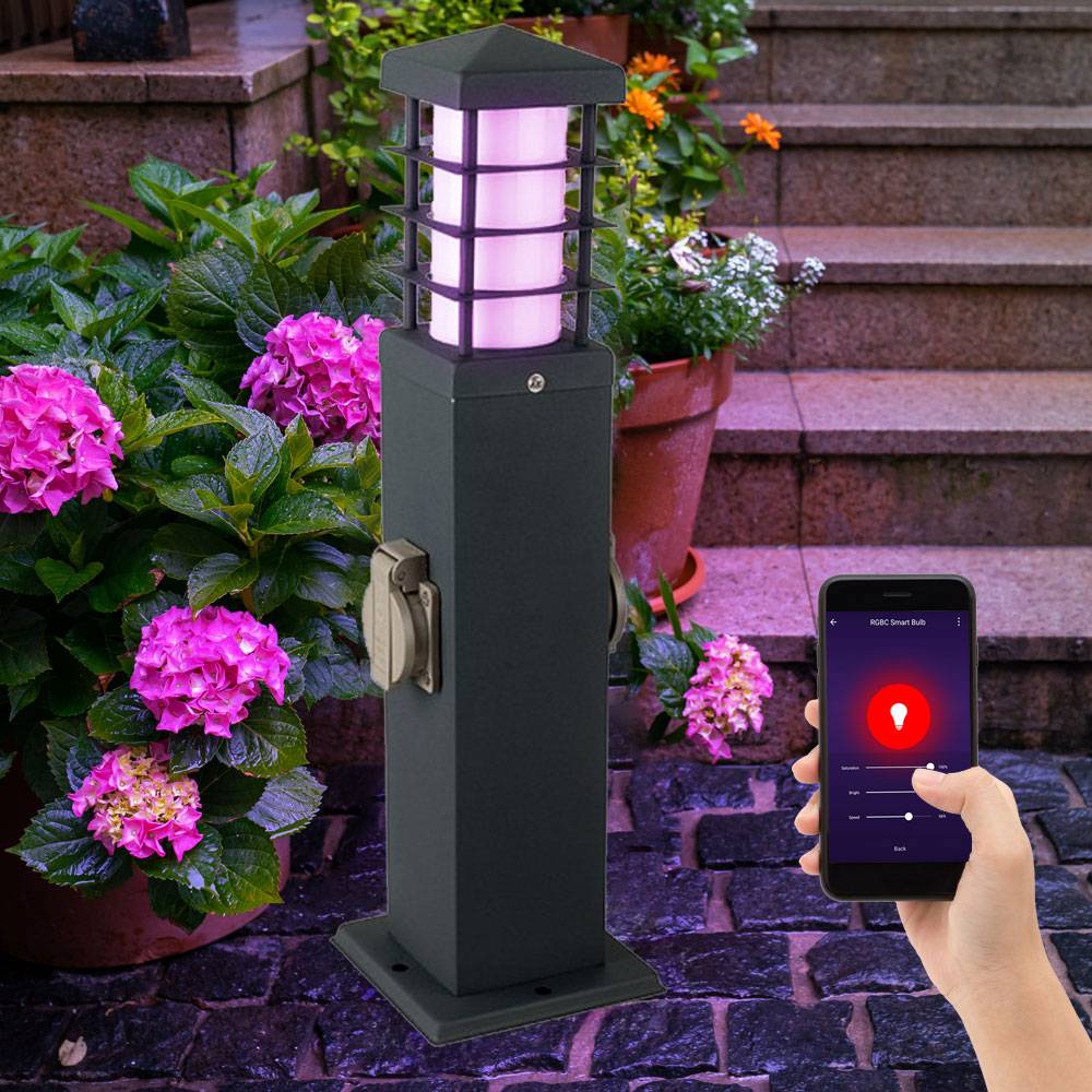 Smart LED Außenleuchte dimmbar mit Fernbedienung Stehlampe Garten Edelstahl Steckdosen Sockelleuchte anthrazit, App- und Sprachsteuerung, RGB
