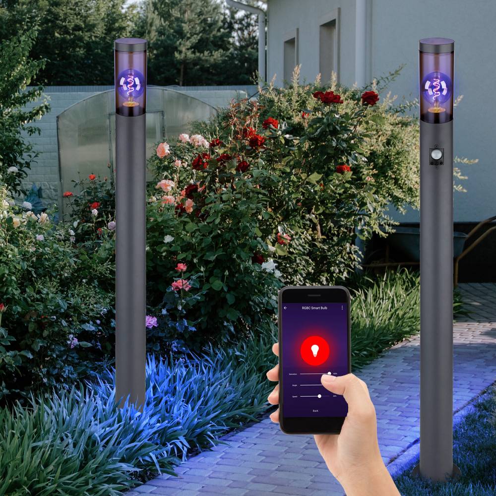 Stehleuchte mit Bewegungsmelder Außenleuchte Standlampe Edelstahl anthrazit, rauch, App Steuerung, 1x Smart RGB LED 10W 806Lm, DxH 12,7x110cm, 2er