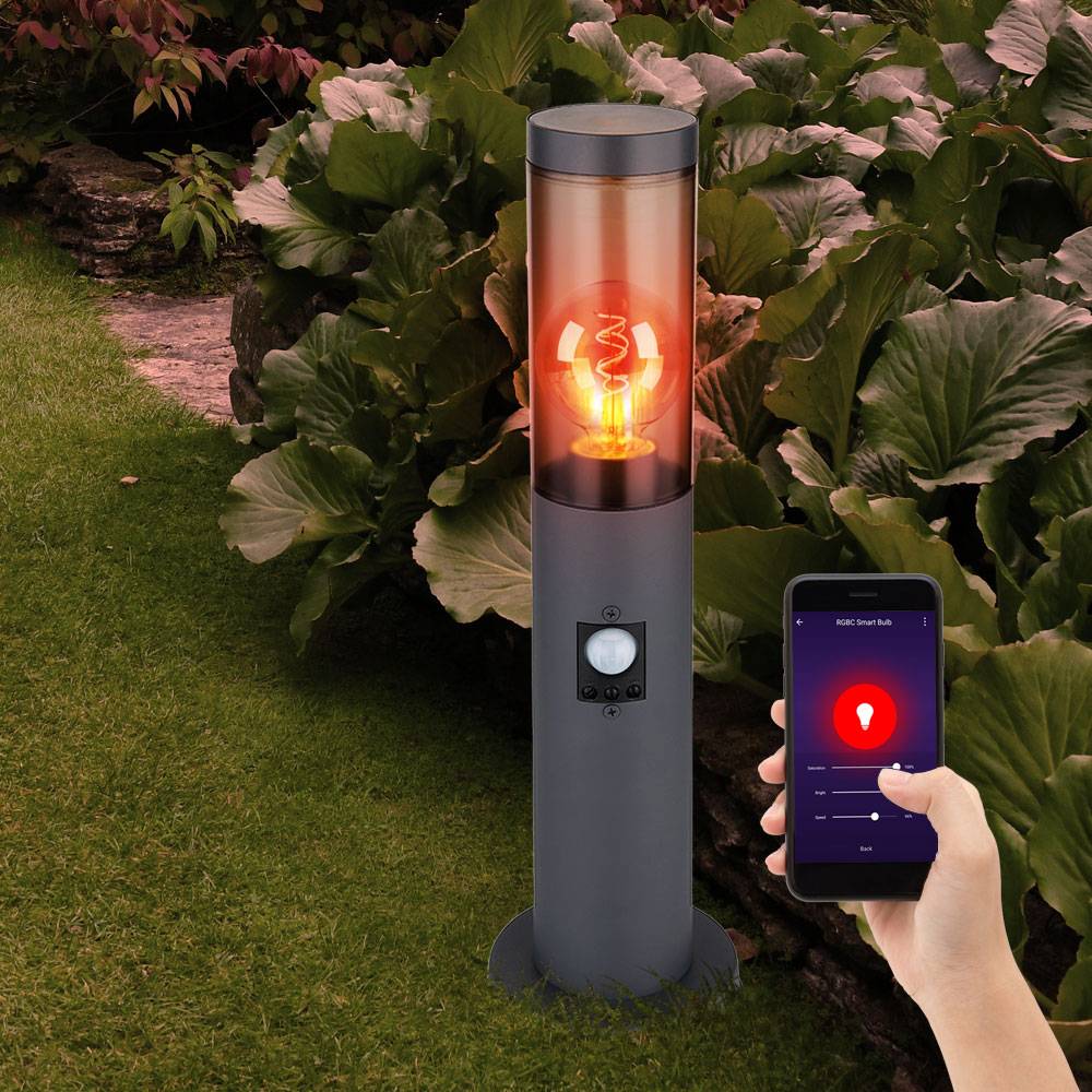 Standleuchte rauch anthrazit Sockelleuchte mit Bewegungsmelder Stehlampe Edelstahl, App Steuerung dimmbar, 1x RGB LED 10W 806Lm, DxH 7,6x45 cm