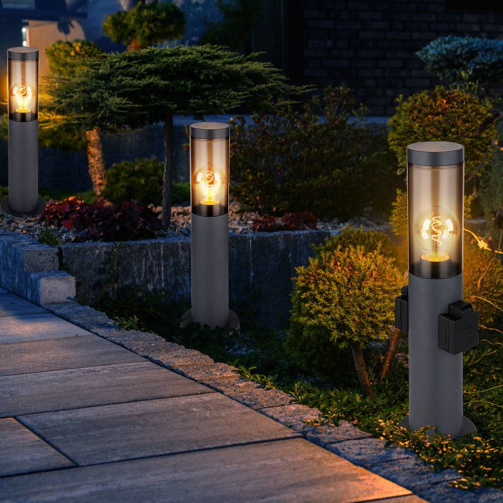 Stehleuchte mit Steckdose anthrazit Sockelleuchte Edelstahl Steckdosensäule mit Licht, rauch, Fernbedienung dimmbar, 1x RGB LED 8,5W 806Lm, DxH