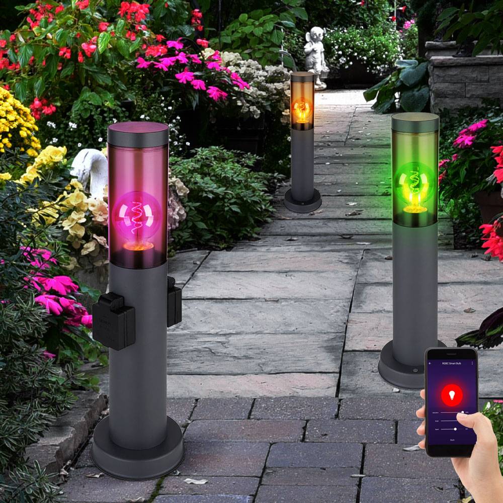 Stehleuchte mit Steckdose anthrazit Sockelleuchte Edelstahl Steckdosensäule mit Licht, rauch, App Steuerung, 1x Smart RGB LED 10W 806Lm, DxH 7,6x45