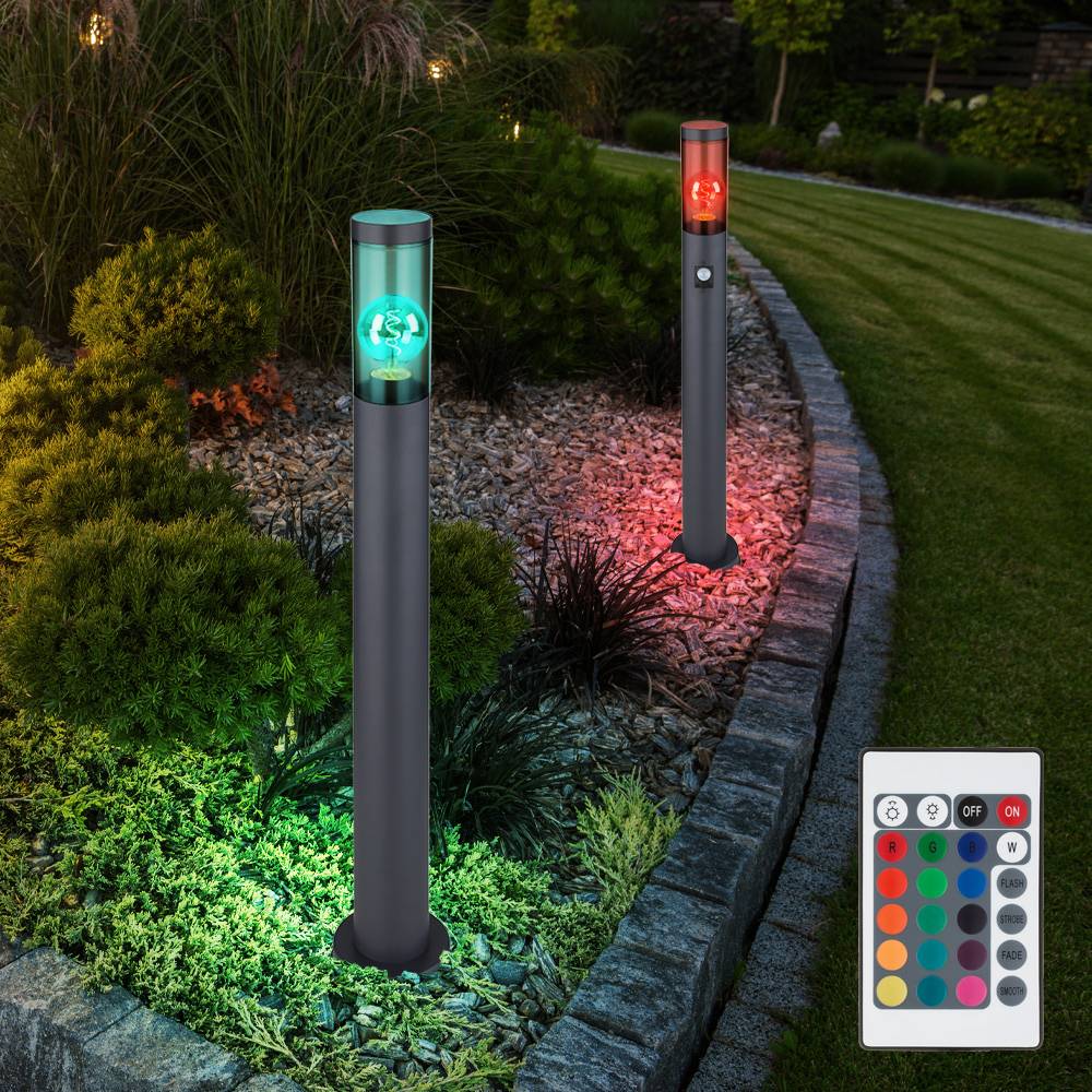 Standleuchte dimmbar mit Fernbedienung LED Sockelleuchte rauch anthrazit Außen Stehlampe mit Bewegungsmelder, RGB Farbwechsel, Edelstahl, 2x 8,5W