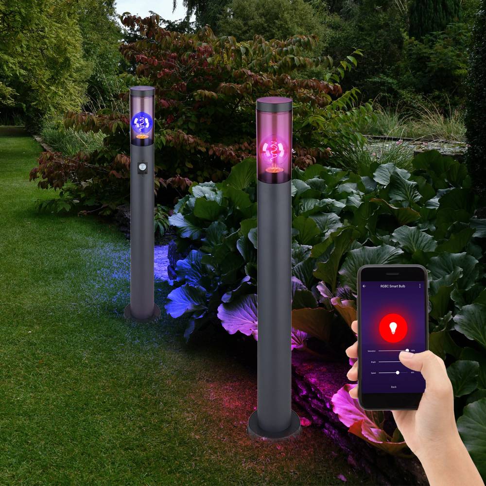 Smart Stehleuchte dimmbar LED Außen Stehlampe mit Bewegungsmelder, App-/Sprachsteuerung, RGB Farbwechsel, Edelstahl anthrazit, 2x 8,5W 806lm warmwei