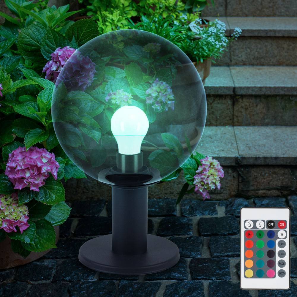 Wegeleuchte dimmbar mit Fernbedienung LED Außenlampe anthrazit Sockelleuchte Gartenlampe rauchfarben, RGB Farbwechsel, Glaskugel Rauchoptik, 8,5W