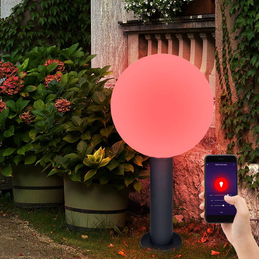 Außenleuchte Aluminium Stehlampe anthrazit Sockelleuchte Glaskugel weiß, App Steuerung dimmbar, 1x Smart RGB LED 10W 806Lm, DxH 25x50cm
