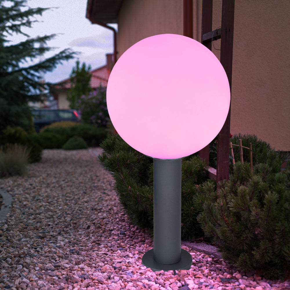 Außenleuchte Aluminium Stehlampe anthrazit Sockelleuchte Glaskugel weiß, App Steuerung dimmbar, 1x Smart RGB LED 10W 806Lm, DxH 25x50cm