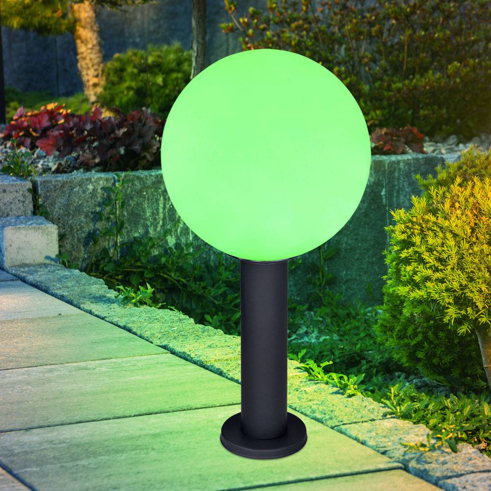 Außenleuchte Aluminium Stehlampe anthrazit Sockelleuchte Glaskugel weiß, App Steuerung dimmbar, 1x Smart RGB LED 10W 806Lm, DxH 25x50cm