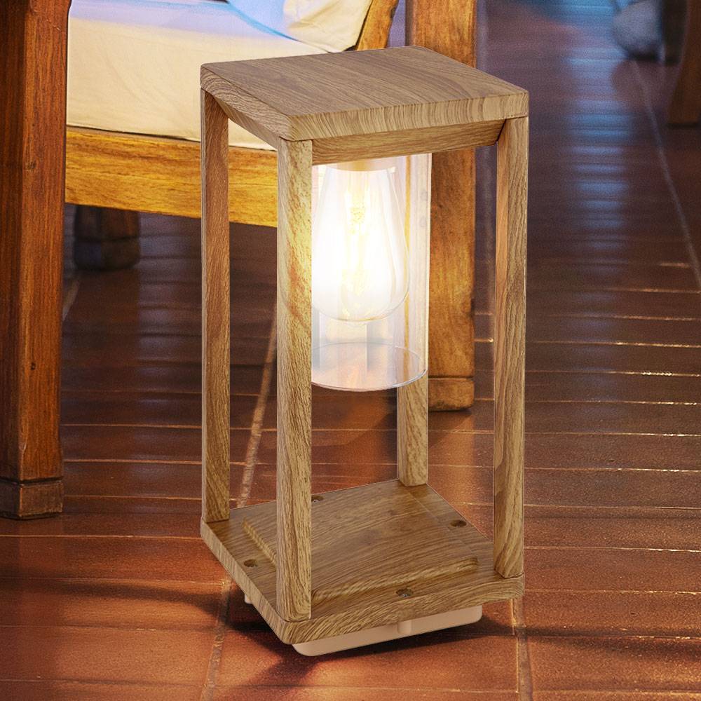 Außenleuchte Laterne Outdoor Holzoptik Außenlampe mit Dämmerungssensor Wetterfest IP44, Aluminium Kunststoff, 1x E27 Fassung, LxBxH 15x15x35 cm