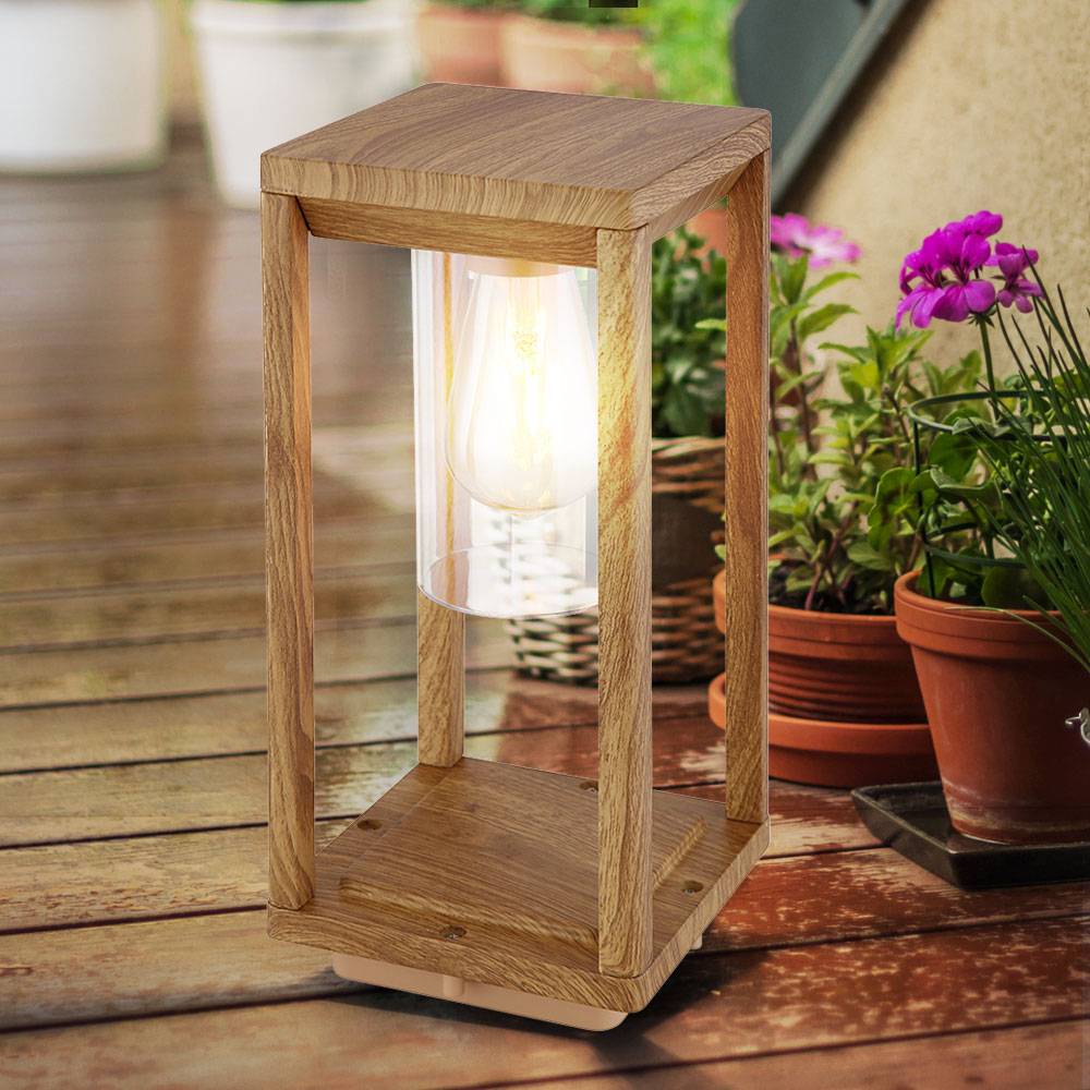 Außenleuchte Laterne Outdoor Holzoptik Außenlampe mit Dämmerungssensor Wetterfest IP44, Aluminium Kunststoff, 1x E27 Fassung, LxBxH 15x15x35 cm