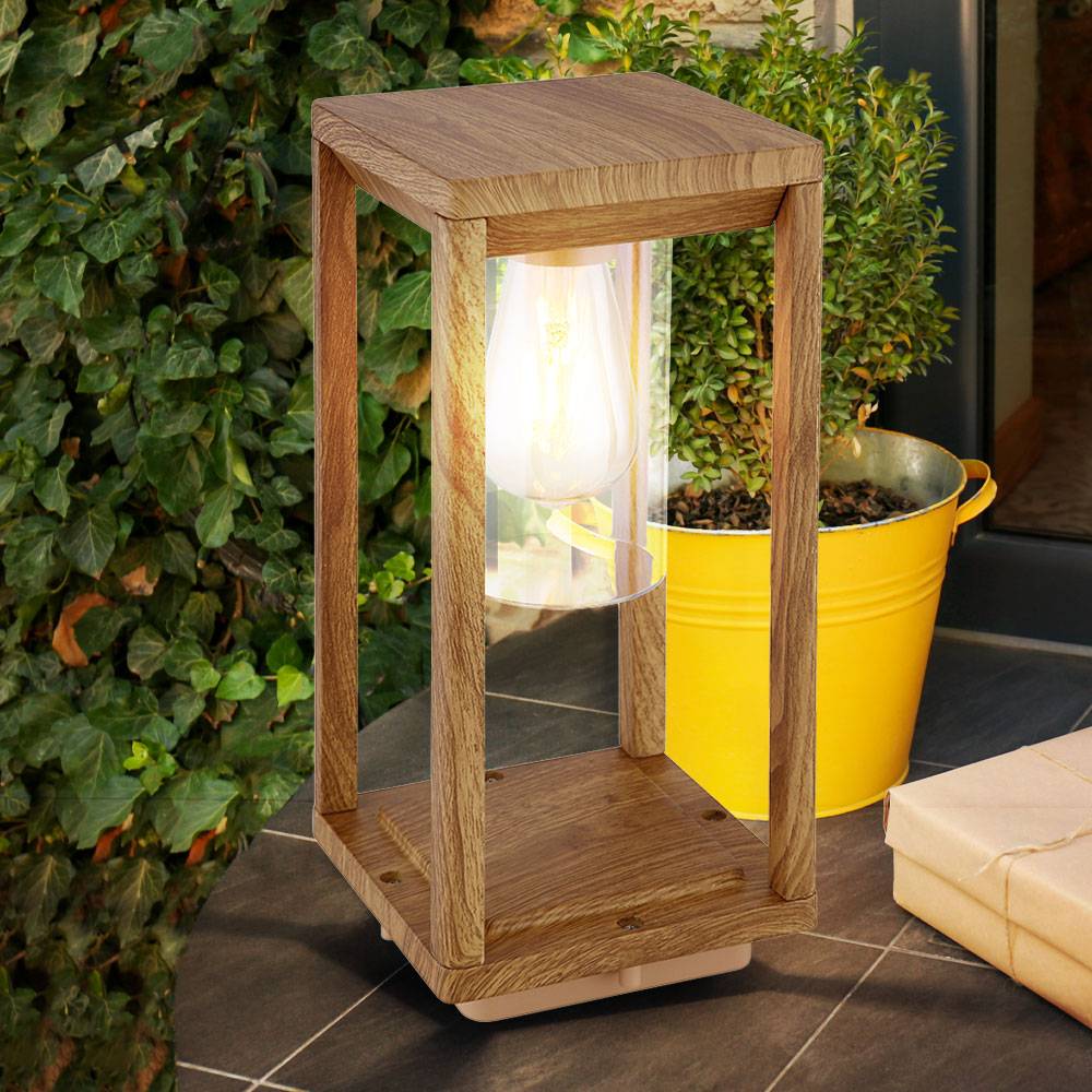 Außenleuchte Laterne Outdoor Holzoptik Außenlampe mit Dämmerungssensor Wetterfest IP44, Aluminium Kunststoff, 1x E27 Fassung, LxBxH 15x15x35 cm