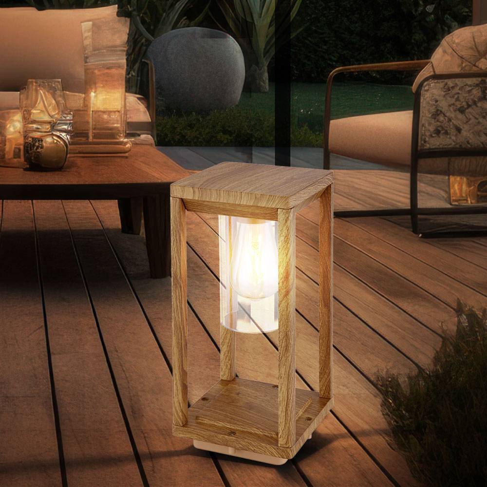 Außenleuchte Laterne Outdoor Holzoptik Außenlampe mit Dämmerungssensor Wetterfest IP44, Aluminium Kunststoff, 1x E27 Fassung, LxBxH 15x15x35 cm
