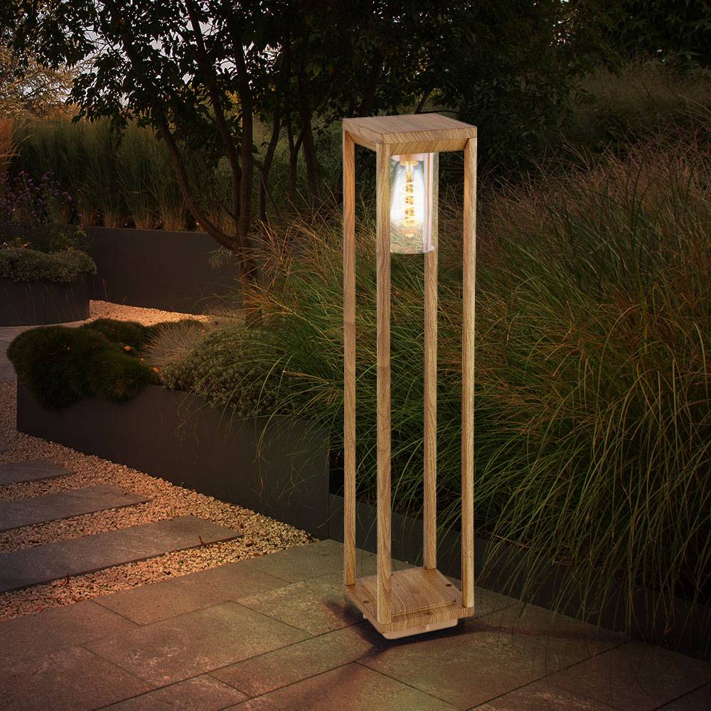 Wegeleuchten Stehlampe Holzoptik Wegeleuchte Außen Garten Balkon Pollerleuchte Außen, Aluminium, IP44 Wetterfest, 1x E27 Fassung, LxBxH 15x15x80cm