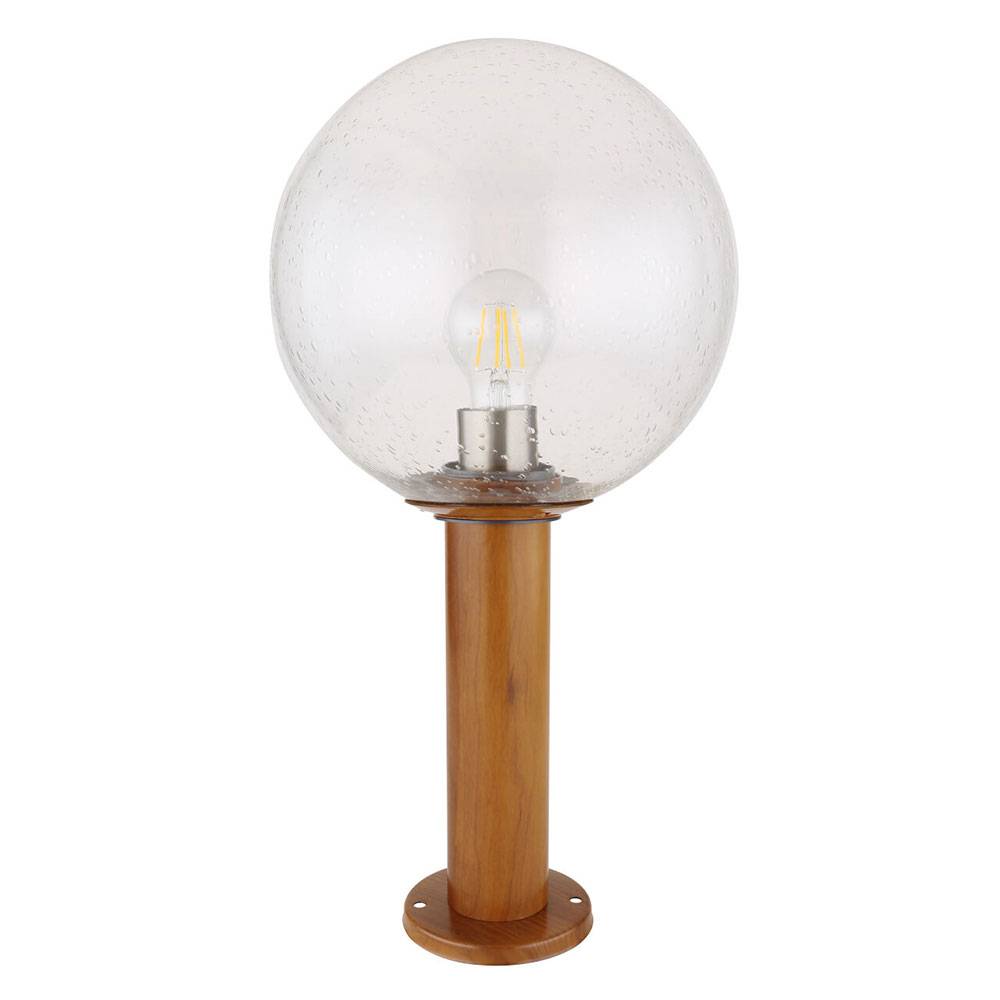 Außenleuchte Stehlampe Gartenleuchte Sockelleuchte Holzoptik braun Terrassenlampe Wegeleuchte, Aluminium Glaskugel, 1xE27, DxH 25x50 cm