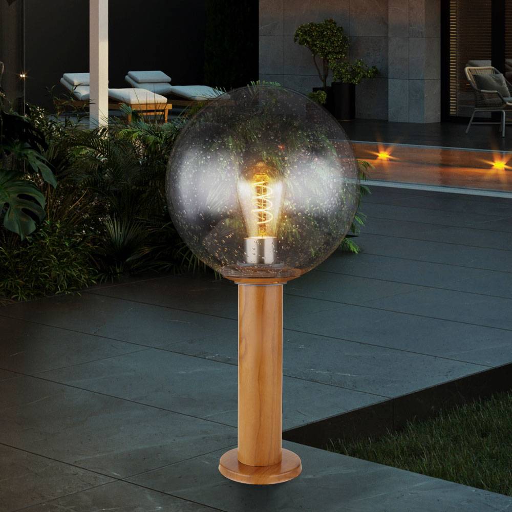 Außenleuchte Stehlampe Gartenleuchte Sockelleuchte Holzoptik braun Terrassenlampe Wegeleuchte, Aluminium Glaskugel, 1xE27, DxH 25x50 cm