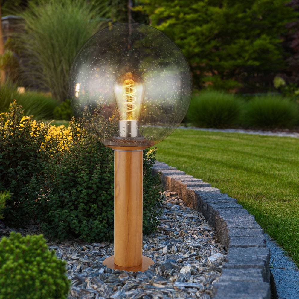 Außenleuchte Stehlampe Gartenleuchte Sockelleuchte Holzoptik braun Terrassenlampe Wegeleuchte, Aluminium Glaskugel, 1xE27, DxH 25x50 cm