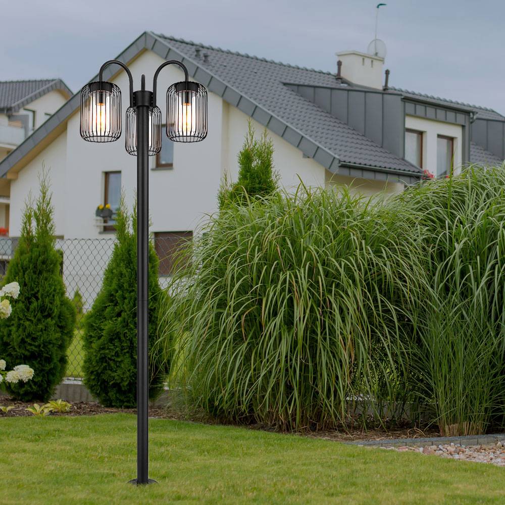 Stehlampe Laterne Außenlampe Retro Wegeleuchte Edelstahl Terrassenlampe wetterfest Gartenleuchte, Metallstäbe, schwarz, 3x E27 Fassungen, DxH 48,5x1