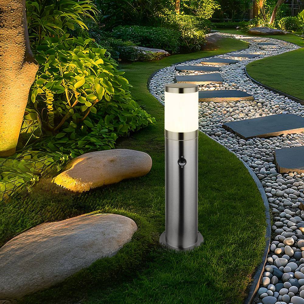 Sockelleuchte E27 Stehlampe Terrassen Außenleuchte Bewegungsmelder Wetterfest IP44, Edelstahl Kunststoff, 1x E27 Fassung, DxH 14x50 cm