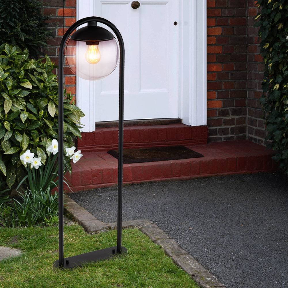 Stehleuchte E27 Garten Weg Beleuchtung Außen Aussenleuchten Garten Standleuchte, Glaskugel rauch Metall schwarz, 1x E27 Fassung, LxBxH 32x20x100 cm