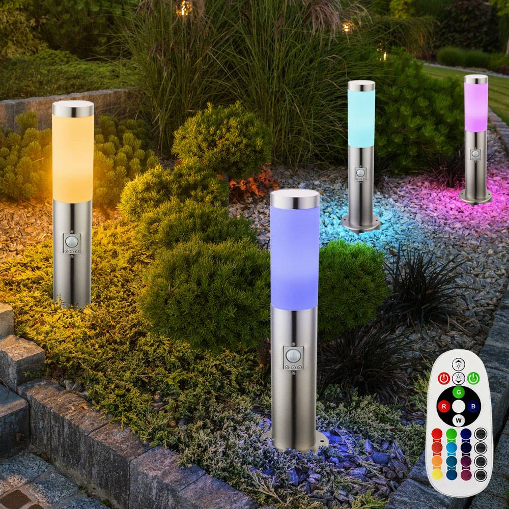 Sockelleuchte E27 Stehlampe Garten Außenleuchte Bewegungsmelder, Fernbedienung dimmbar Memory IP44, Sensor, Edelstahl silber opal, 1x RGB LED 8,5W